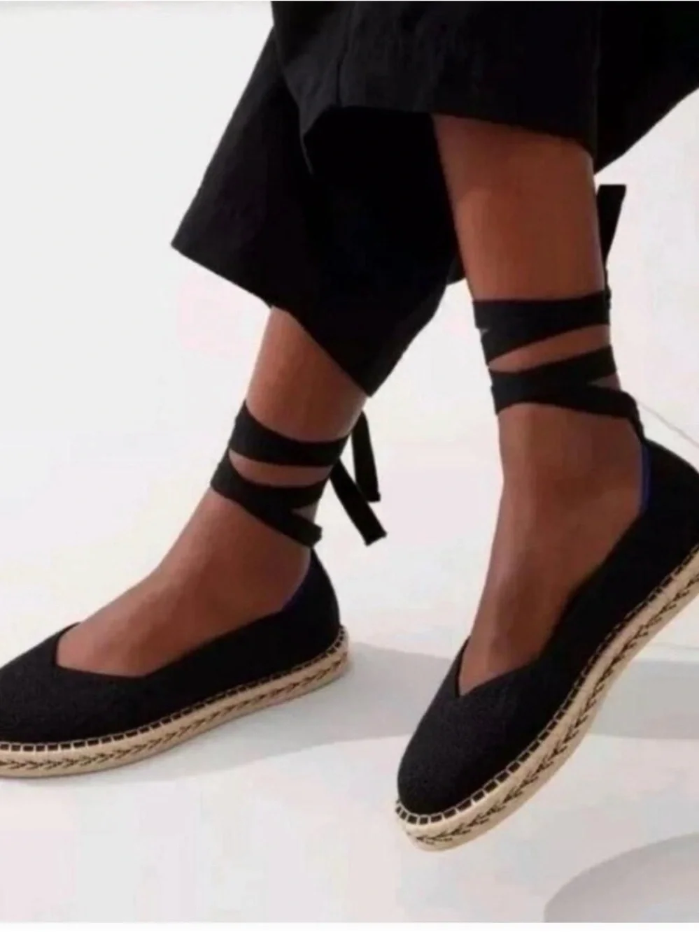 Rothy's Black Knit Espadrille Ballet Flats with Ankle Ties - Picture 2 of 5